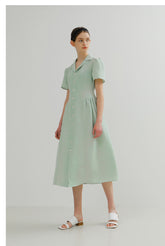 Tailored Button-Front Linen Midi Dress with Notched Collar
